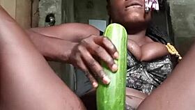 Curvy woman masturbates with huge cucumber in homemade solo scene
