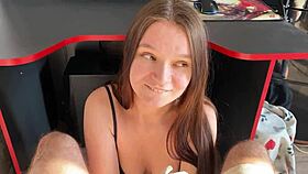 She Wants To Play With Him But Not Computer Games Blowjob With Ahegao And Cum On Tits