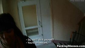 Shy teen Rina in glasses gets bent over for hardcore fucking on stairway, cumshot dripping from shaved pussy