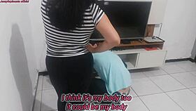 Housewife shows new lingerie to technician