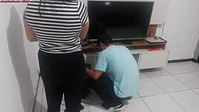 Housewife shows new lingerie to technician