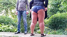 a mature woman does everything to make him happy in the backyard