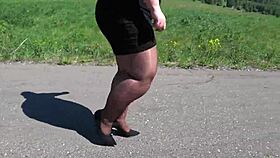 Mature BBW in Nylon Pantyhose Walks Public Road for Foot Fetish