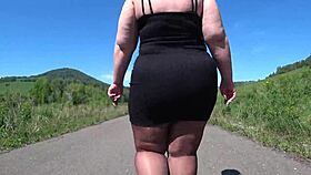 Mature BBW in Nylon Pantyhose Walks Public Road for Foot Fetish