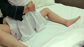 Asian girl in uniform cosplay riding scene