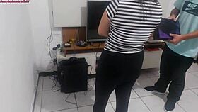 Housewife shows new lingerie to technician