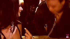 in leather clothes two horny brunettes enjoy a threesome with a guy