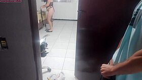 Housewife shows new lingerie to technician