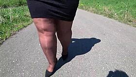 Mature BBW in Nylon Pantyhose Walks Public Road for Foot Fetish