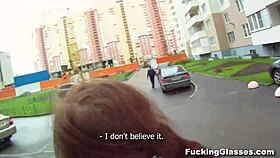 Shy teen Rina in glasses gets bent over for hardcore fucking on stairway, cumshot dripping from shaved pussy