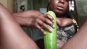 Curvy woman masturbates with huge cucumber in homemade solo scene