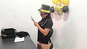 the hot office worker prepares an anal plug to play with her horny buttocks