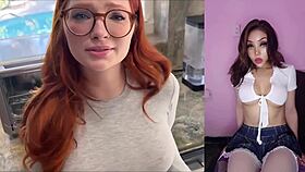 hermosa chica inocente con lentes y tatuajes cogiendo muy caliente