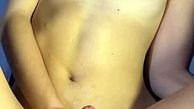 in the bedroom, he CUMS on her belly during passionate sex.