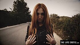 Nipple clamps and ball gag make horny redhead cum hard