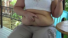 chubby milf mukbang fat belly outdoor
