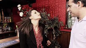 Horny brunette milf sucks cock and gets fucked in bar