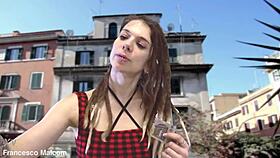 'how big is your monster cock?' the cute european girl asks before bending over for rimjob and swallow