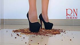 Cornflakes destroying with high heels boots on the floor