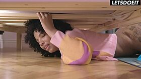 Curly haired slut romy indy gets stuck under the bed then banged deep in the horny hostel