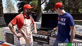 Young brunette threesomed with big cock group on holiday