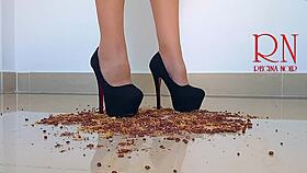 Cornflakes destroying with high heels boots on the floor