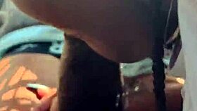 Her mouth fills with big black cock cum in the car.