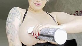 Dripping cream coats big natural boobs with tattoos