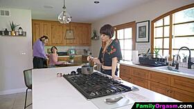 Familyorgasm - old man fucks daring daughter and wife while cooking spaghetti