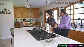 Familyorgasm - old man fucks daring daughter and wife while cooking spaghetti