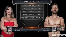 busty red wrestles nude against oliver davis, deepthroating his cock