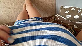 Pantyless milf caresses herself to intense orgasm.