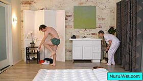 Blonde masseuse delivers nuru massage session with Delilah Day and Anthony Pierce