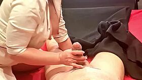 sexy nurse dominates patient with blowjob and jerk off