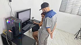 housewife in lingerie calls technician for flashing