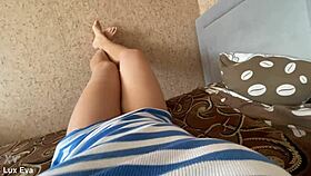 Pantyless milf caresses herself to intense orgasm.