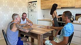 did he lose his young wife at cards for triple creampie in tight pussy on table?