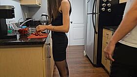 Petite Young Woman In Black Dress And Stockings Fucked On Kitchen Desk