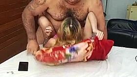 Sexy Hairy Girl In Lingerie Teases Muscular Bodybuilder's Armpit