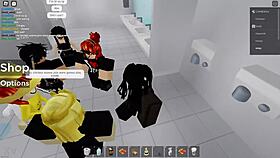roblox character gets into risky fun in public bathroom