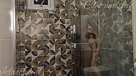 narrative of cleo cadillac encountering a friend in the bathroom, leading to an intense interracial encounter with a muscular bodybuilder