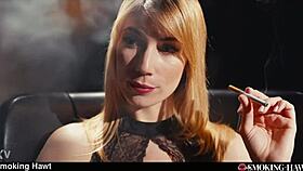 pov horny blonde smoker with red lips - sharon white spitting on thick cock while smoking cigarette