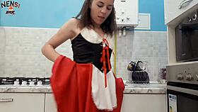 housewife masturbates through torn pantyhose and plays with cream