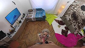 skinny blonde nesty performs blowjob and pov sex in backstage interview with casting director