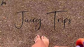 Horny babe squirts twice as joggers pass on the beach!