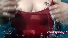 beautiful woman flashes in the public swimming pool