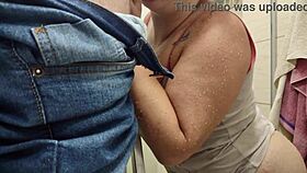 Wife teases electrician before hidden shower fuck away from husband