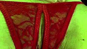 Shaved pussy in red thongs all wet and ready