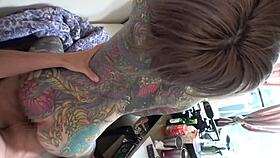 Asian Amateur Rin With Full Body Tattoo Strips Naked, Gets Nipples Sucked, Deep Kisses, Licks Erect Cock