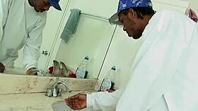 Ebony hottie gets banged in bathroom?